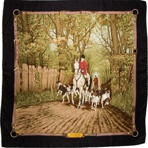 FOX RUN Silk Equestrian Fox Hunt Scarf /Vintage Horse with Vintage Dog Scarf
